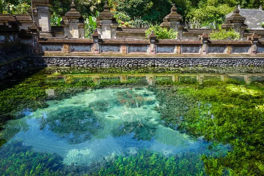 The clear turquoise water of the sacred springs at Tirta Empul temple, Bali